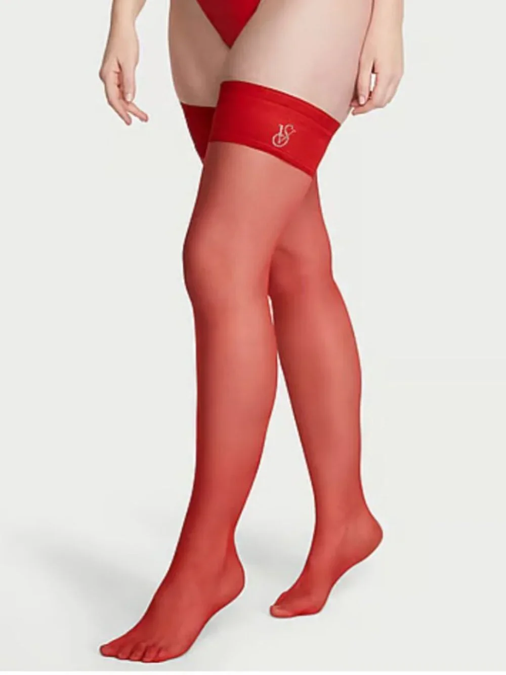 Victoria's Secret RED Crystal Logo Band Thigh Highs Hosiery Small